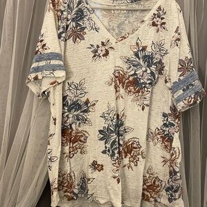 Maurices Floral V-Neck Blouse with Blue and Brown Accents